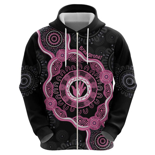 Personalised Australia Breast Cancer Zip Hoodie Brave Strong Aboriginal Art