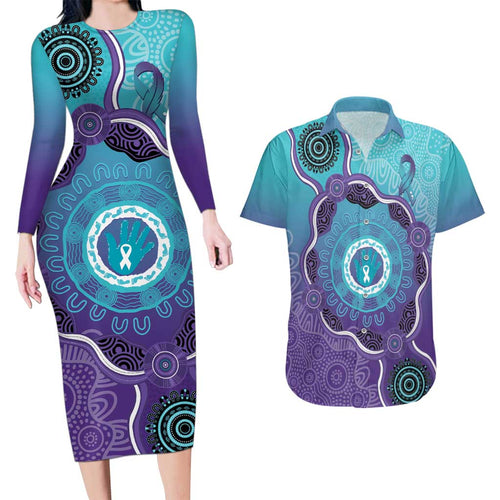Australia Indigenous Couples Matching Long Sleeve Bodycon Dress and Hawaiian Shirt Suicide Prevention Month Ribbon Aboriginal Art