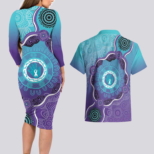 Australia Indigenous Couples Matching Long Sleeve Bodycon Dress and Hawaiian Shirt Suicide Prevention Month Ribbon Aboriginal Art
