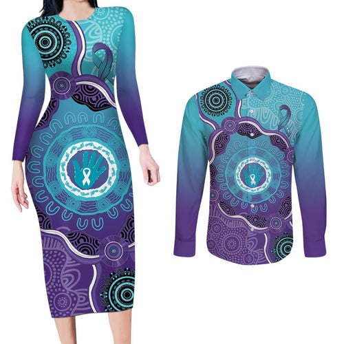Australia Indigenous Couples Matching Long Sleeve Bodycon Dress and Long Sleeve Button Shirt Suicide Prevention Month Ribbon Aboriginal Art