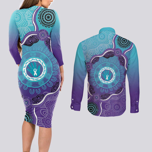 Australia Indigenous Couples Matching Long Sleeve Bodycon Dress and Long Sleeve Button Shirt Suicide Prevention Month Ribbon Aboriginal Art