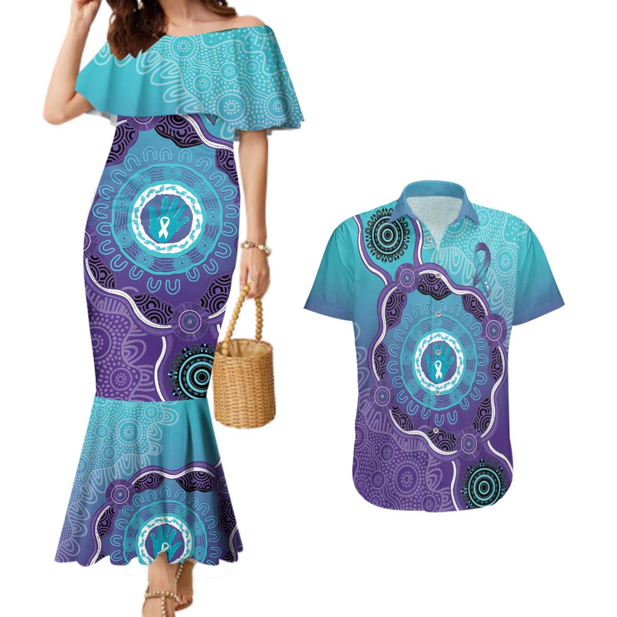 Australia Indigenous Couples Matching Mermaid Dress and Hawaiian Shirt Suicide Prevention Month Ribbon Aboriginal Art