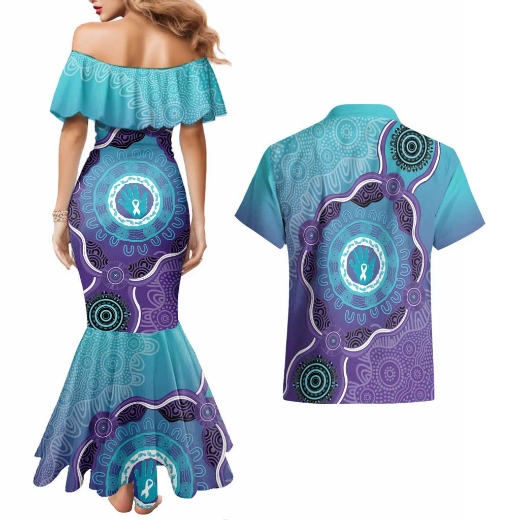 Australia Indigenous Couples Matching Mermaid Dress and Hawaiian Shirt Suicide Prevention Month Ribbon Aboriginal Art