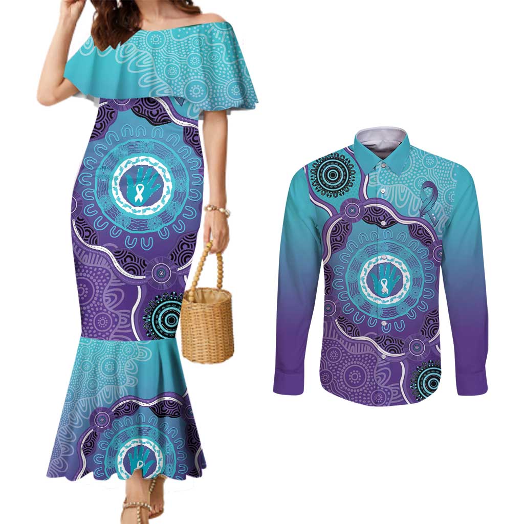 Australia Indigenous Couples Matching Mermaid Dress and Long Sleeve Button Shirt Suicide Prevention Month Ribbon Aboriginal Art