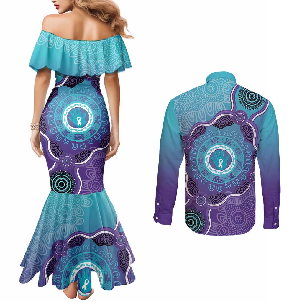 Australia Indigenous Couples Matching Mermaid Dress and Long Sleeve Button Shirt Suicide Prevention Month Ribbon Aboriginal Art