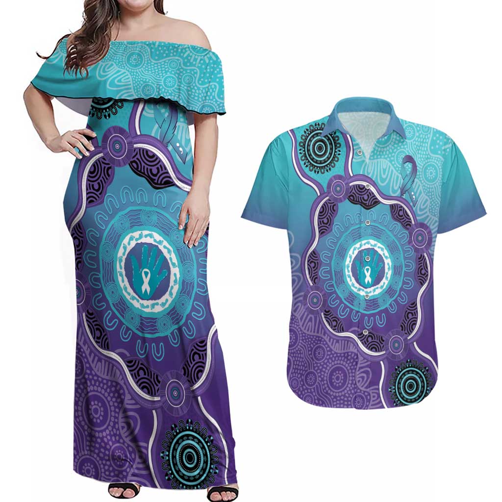 Australia Indigenous Couples Matching Off Shoulder Maxi Dress and Hawaiian Shirt Suicide Prevention Month Ribbon Aboriginal Art