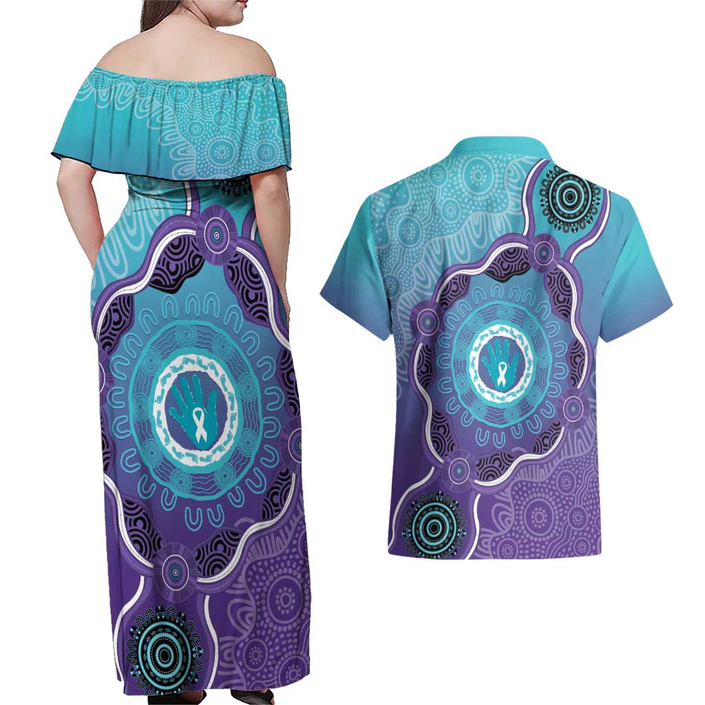 Australia Indigenous Couples Matching Off Shoulder Maxi Dress and Hawaiian Shirt Suicide Prevention Month Ribbon Aboriginal Art