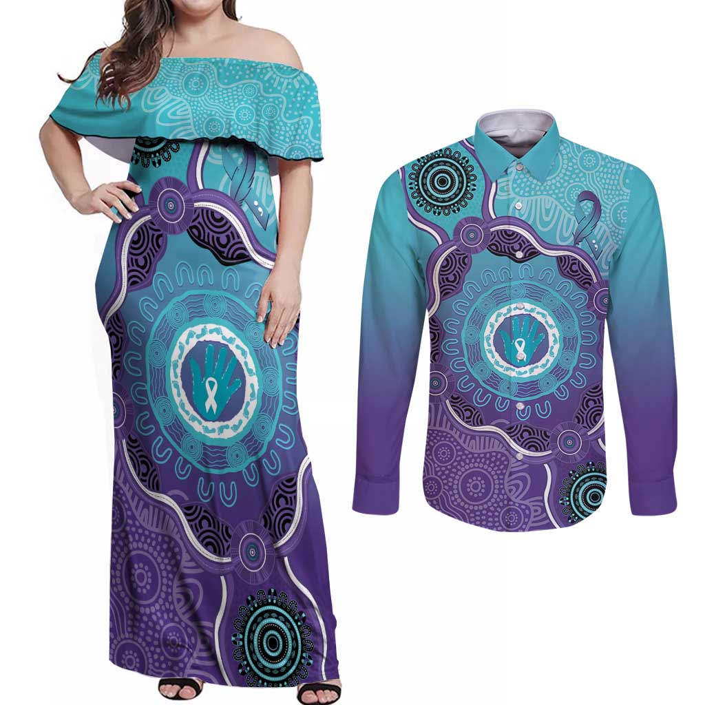Australia Indigenous Couples Matching Off Shoulder Maxi Dress and Long Sleeve Button Shirt Suicide Prevention Month Ribbon Aboriginal Art