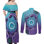 Australia Indigenous Couples Matching Off Shoulder Maxi Dress and Long Sleeve Button Shirt Suicide Prevention Month Ribbon Aboriginal Art