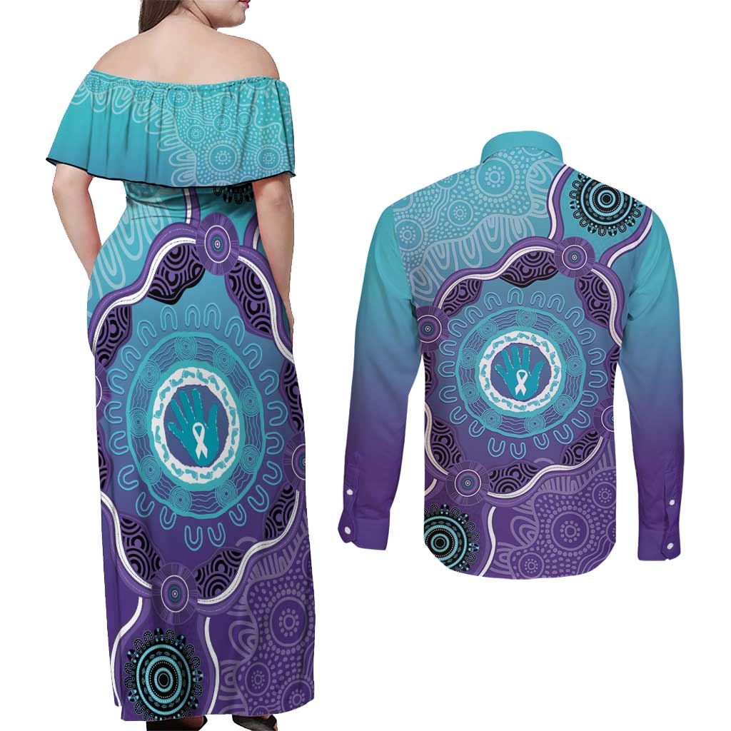Australia Indigenous Couples Matching Off Shoulder Maxi Dress and Long Sleeve Button Shirt Suicide Prevention Month Ribbon Aboriginal Art