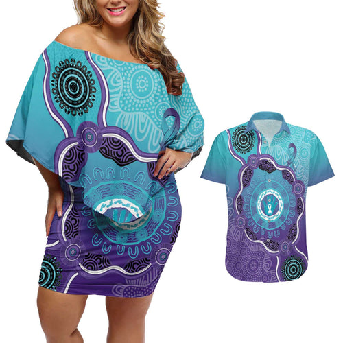 Australia Indigenous Couples Matching Off Shoulder Short Dress and Hawaiian Shirt Suicide Prevention Month Ribbon Aboriginal Art