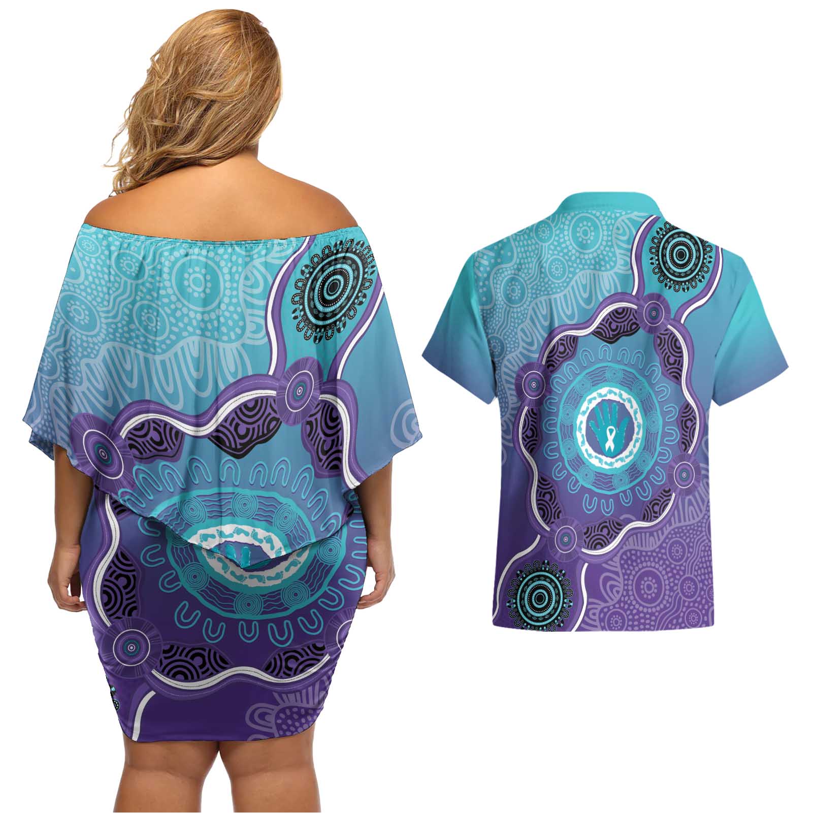 Australia Indigenous Couples Matching Off Shoulder Short Dress and Hawaiian Shirt Suicide Prevention Month Ribbon Aboriginal Art