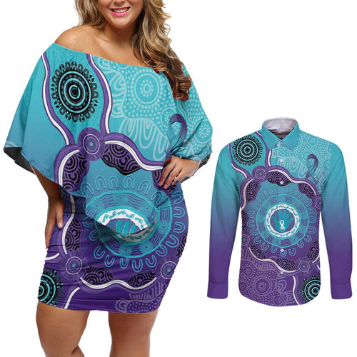 Australia Indigenous Couples Matching Off Shoulder Short Dress and Long Sleeve Button Shirt Suicide Prevention Month Ribbon Aboriginal Art