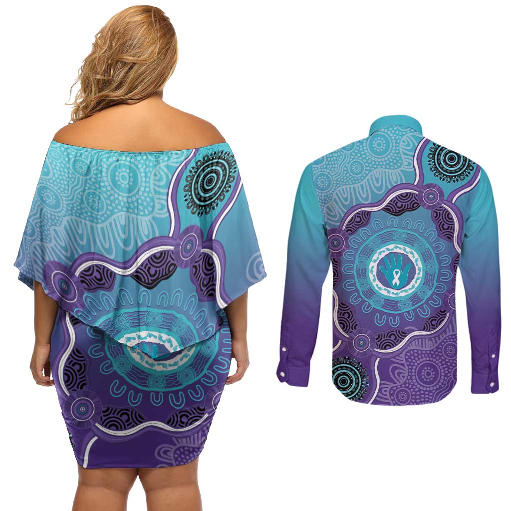 Australia Indigenous Couples Matching Off Shoulder Short Dress and Long Sleeve Button Shirt Suicide Prevention Month Ribbon Aboriginal Art
