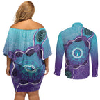 Australia Indigenous Couples Matching Off Shoulder Short Dress and Long Sleeve Button Shirt Suicide Prevention Month Ribbon Aboriginal Art