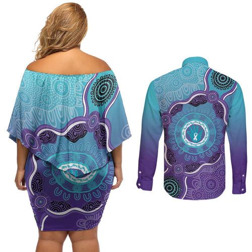 Australia Indigenous Couples Matching Off Shoulder Short Dress and Long Sleeve Button Shirt Suicide Prevention Month Ribbon Aboriginal Art