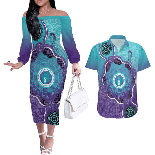 Australia Indigenous Couples Matching Off The Shoulder Long Sleeve Dress and Hawaiian Shirt Suicide Prevention Month Ribbon Aboriginal Art