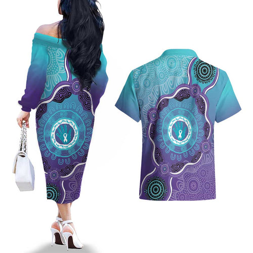Australia Indigenous Couples Matching Off The Shoulder Long Sleeve Dress and Hawaiian Shirt Suicide Prevention Month Ribbon Aboriginal Art