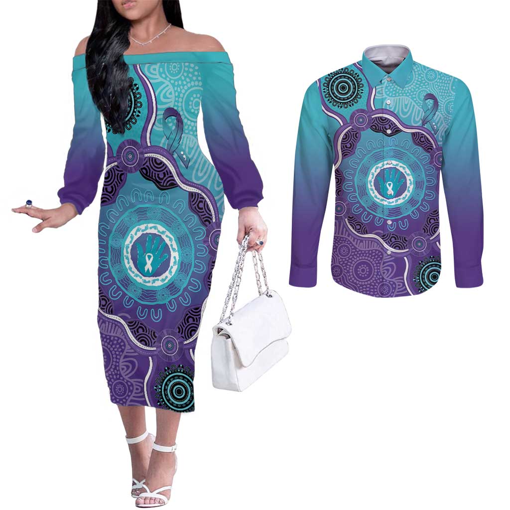 Australia Indigenous Couples Matching Off The Shoulder Long Sleeve Dress and Long Sleeve Button Shirt Suicide Prevention Month Ribbon Aboriginal Art