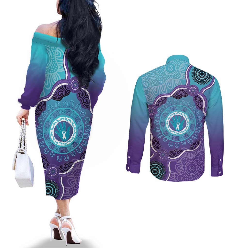 Australia Indigenous Couples Matching Off The Shoulder Long Sleeve Dress and Long Sleeve Button Shirt Suicide Prevention Month Ribbon Aboriginal Art