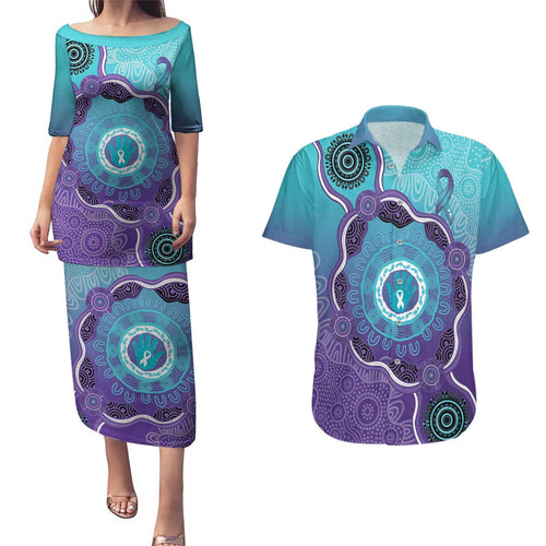 Australia Indigenous Couples Matching Puletasi and Hawaiian Shirt Suicide Prevention Month Ribbon Aboriginal Art