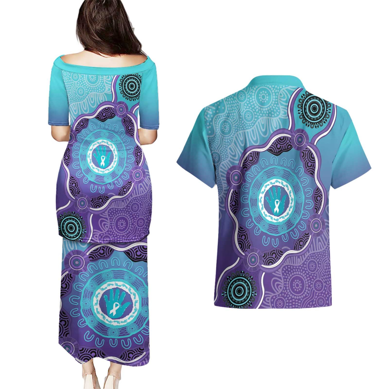 Australia Indigenous Couples Matching Puletasi and Hawaiian Shirt Suicide Prevention Month Ribbon Aboriginal Art