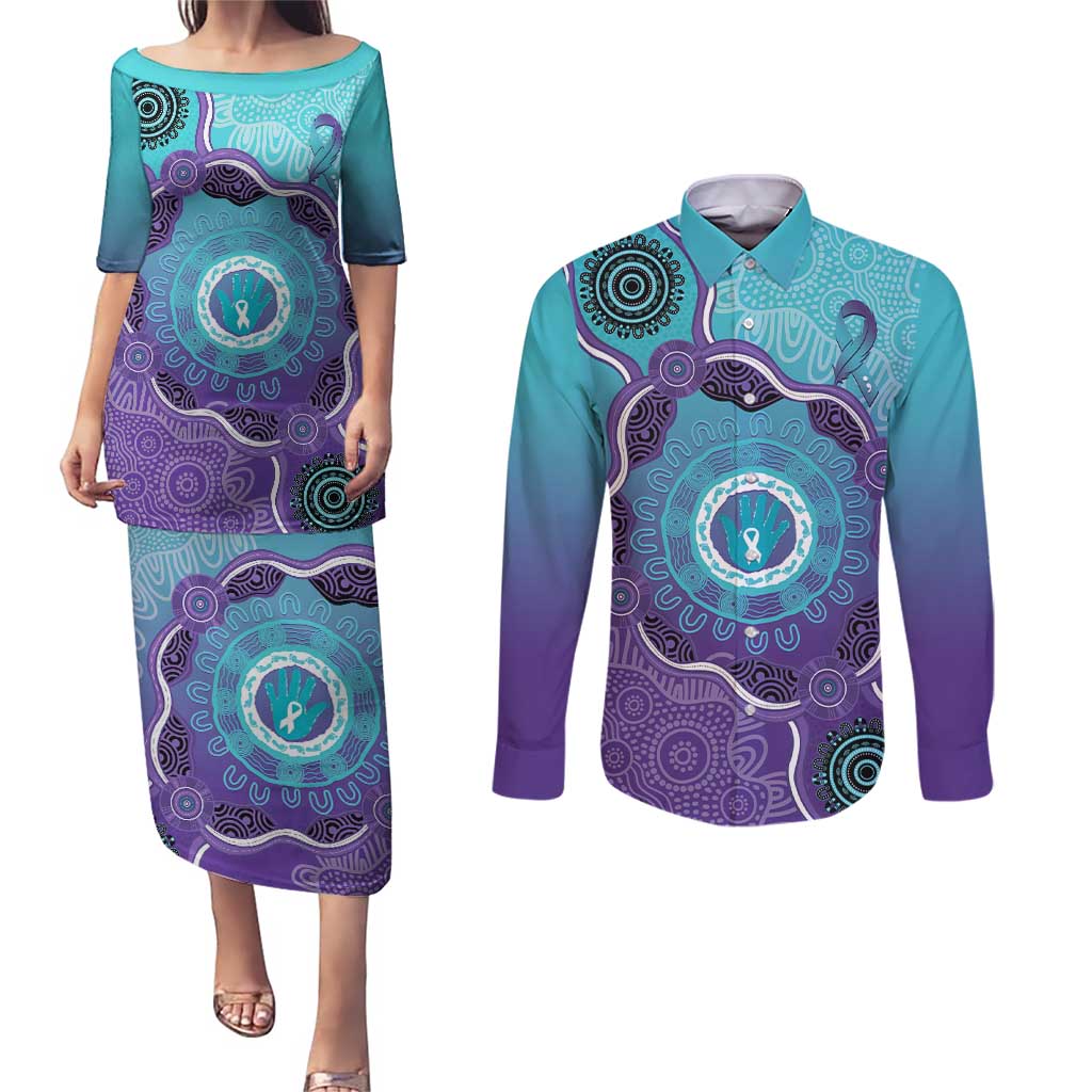 Australia Indigenous Couples Matching Puletasi and Long Sleeve Button Shirt Suicide Prevention Month Ribbon Aboriginal Art