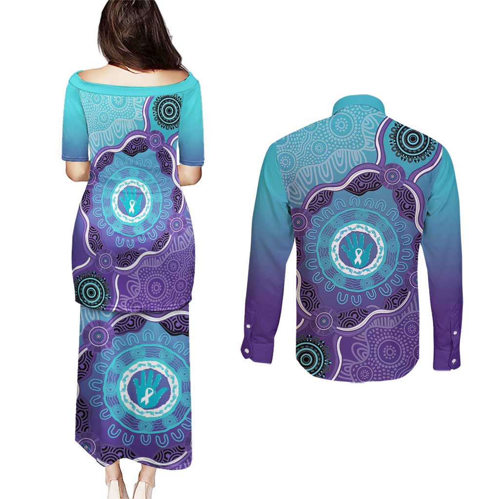 Australia Indigenous Couples Matching Puletasi and Long Sleeve Button Shirt Suicide Prevention Month Ribbon Aboriginal Art