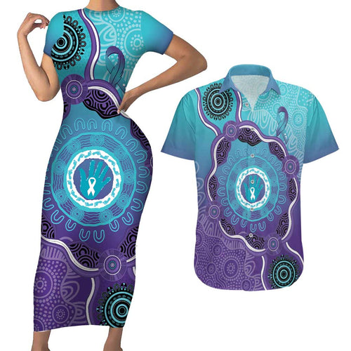 Australia Indigenous Couples Matching Short Sleeve Bodycon Dress and Hawaiian Shirt Suicide Prevention Month Ribbon Aboriginal Art