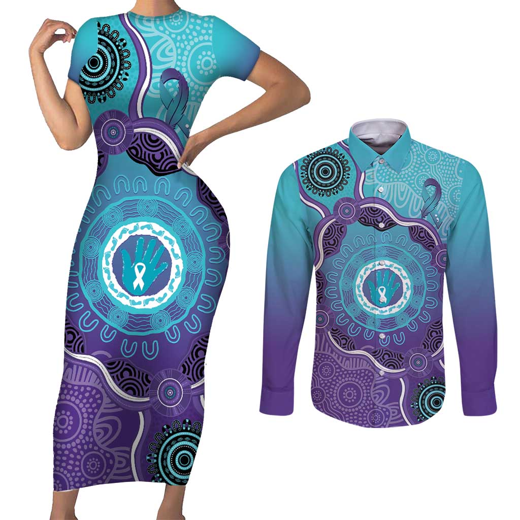 Australia Indigenous Couples Matching Short Sleeve Bodycon Dress and Long Sleeve Button Shirt Suicide Prevention Month Ribbon Aboriginal Art