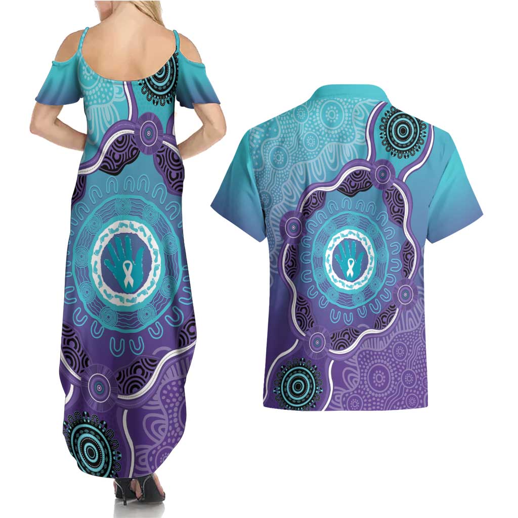 Australia Indigenous Couples Matching Summer Maxi Dress and Hawaiian Shirt Suicide Prevention Month Ribbon Aboriginal Art