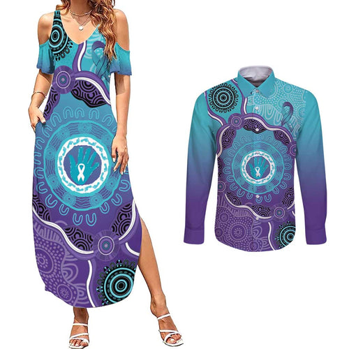 Australia Indigenous Couples Matching Summer Maxi Dress and Long Sleeve Button Shirt Suicide Prevention Month Ribbon Aboriginal Art