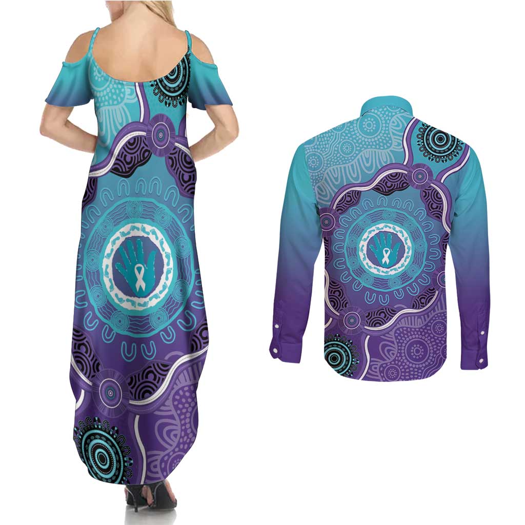 Australia Indigenous Couples Matching Summer Maxi Dress and Long Sleeve Button Shirt Suicide Prevention Month Ribbon Aboriginal Art