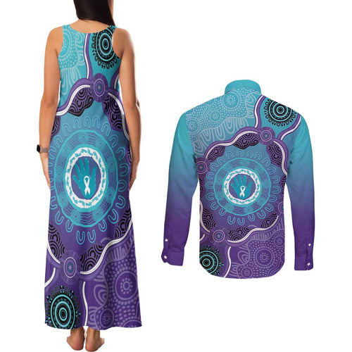 Australia Indigenous Couples Matching Tank Maxi Dress and Long Sleeve Button Shirt Suicide Prevention Month Ribbon Aboriginal Art