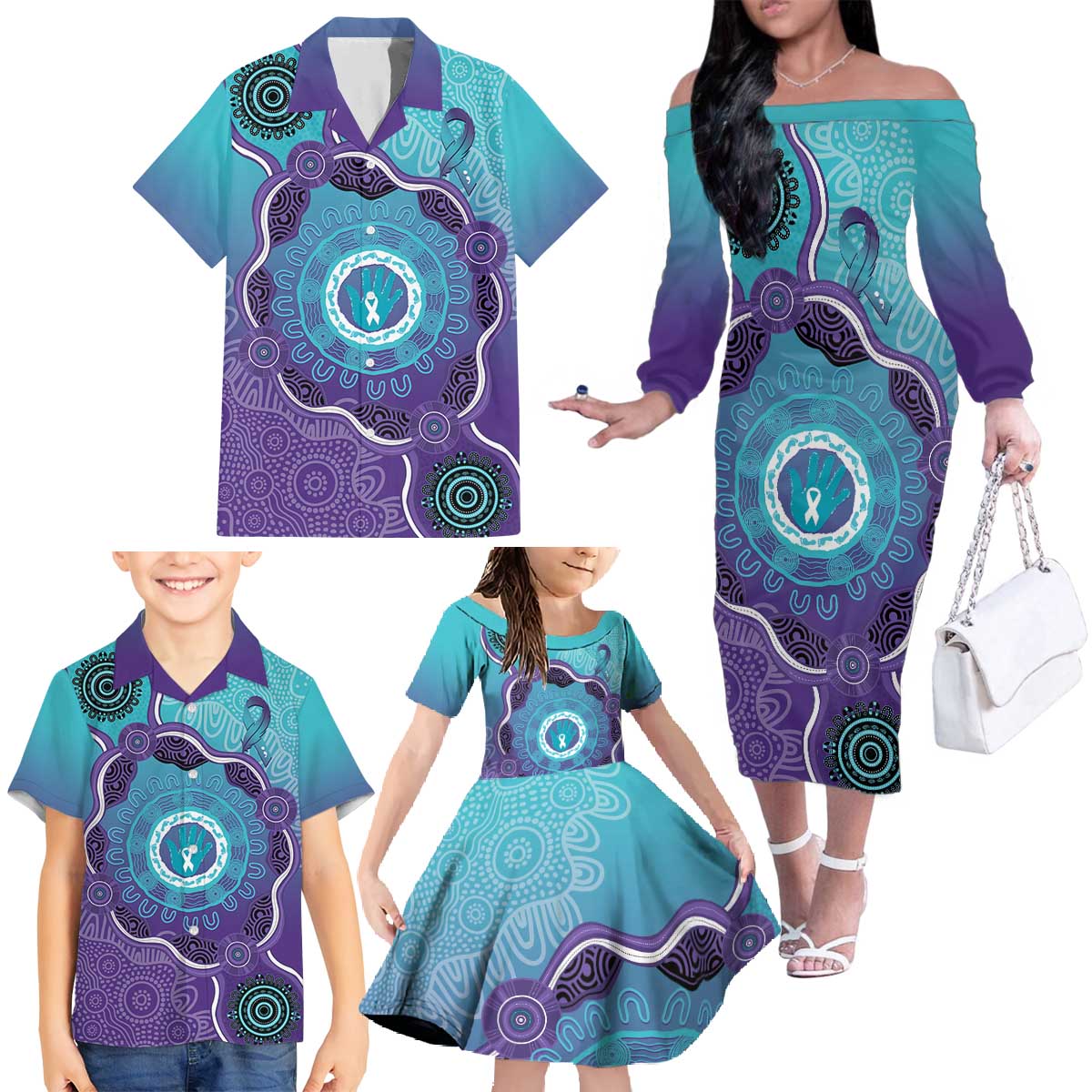 Australia Indigenous Family Matching Off The Shoulder Long Sleeve Dress and Hawaiian Shirt Suicide Prevention Month Ribbon Aboriginal Art