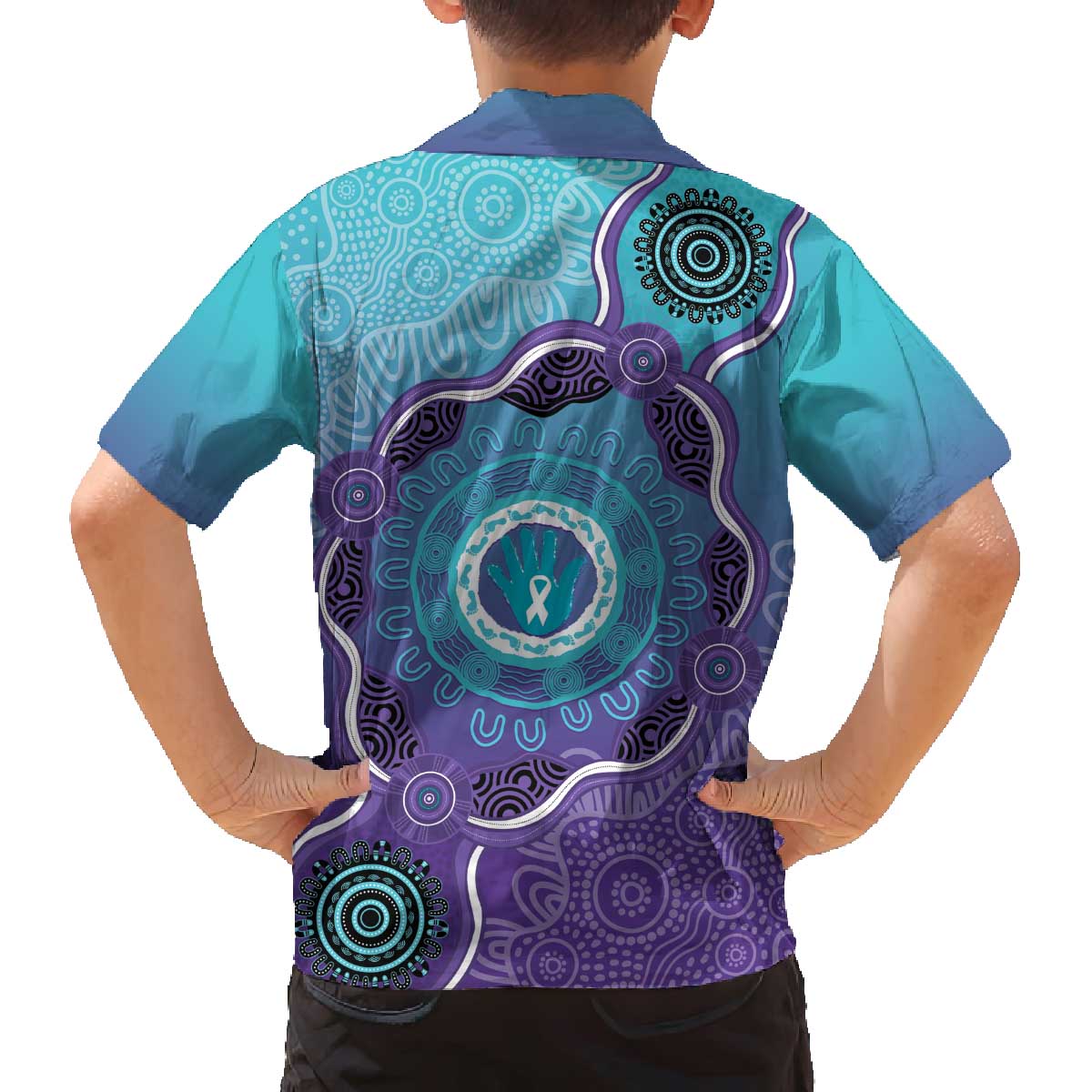 Australia Indigenous Family Matching Off The Shoulder Long Sleeve Dress and Hawaiian Shirt Suicide Prevention Month Ribbon Aboriginal Art