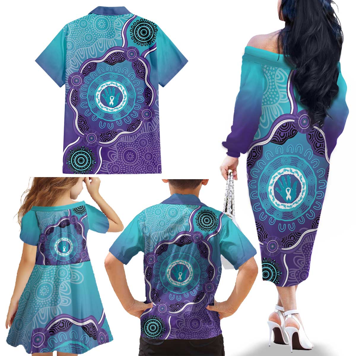 Australia Indigenous Family Matching Off The Shoulder Long Sleeve Dress and Hawaiian Shirt Suicide Prevention Month Ribbon Aboriginal Art