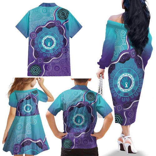 Australia Indigenous Family Matching Off The Shoulder Long Sleeve Dress and Hawaiian Shirt Suicide Prevention Month Ribbon Aboriginal Art