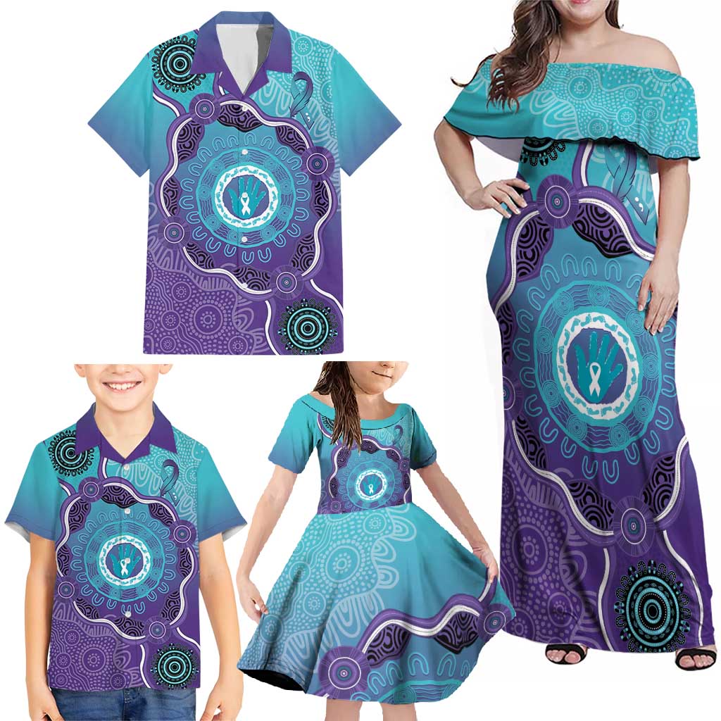 Australia Indigenous Family Matching Off Shoulder Maxi Dress and Hawaiian Shirt Suicide Prevention Month Ribbon Aboriginal Art