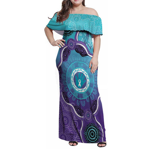 Australia Indigenous Family Matching Off Shoulder Maxi Dress and Hawaiian Shirt Suicide Prevention Month Ribbon Aboriginal Art