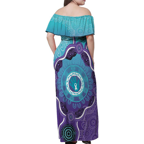 Australia Indigenous Family Matching Off Shoulder Maxi Dress and Hawaiian Shirt Suicide Prevention Month Ribbon Aboriginal Art