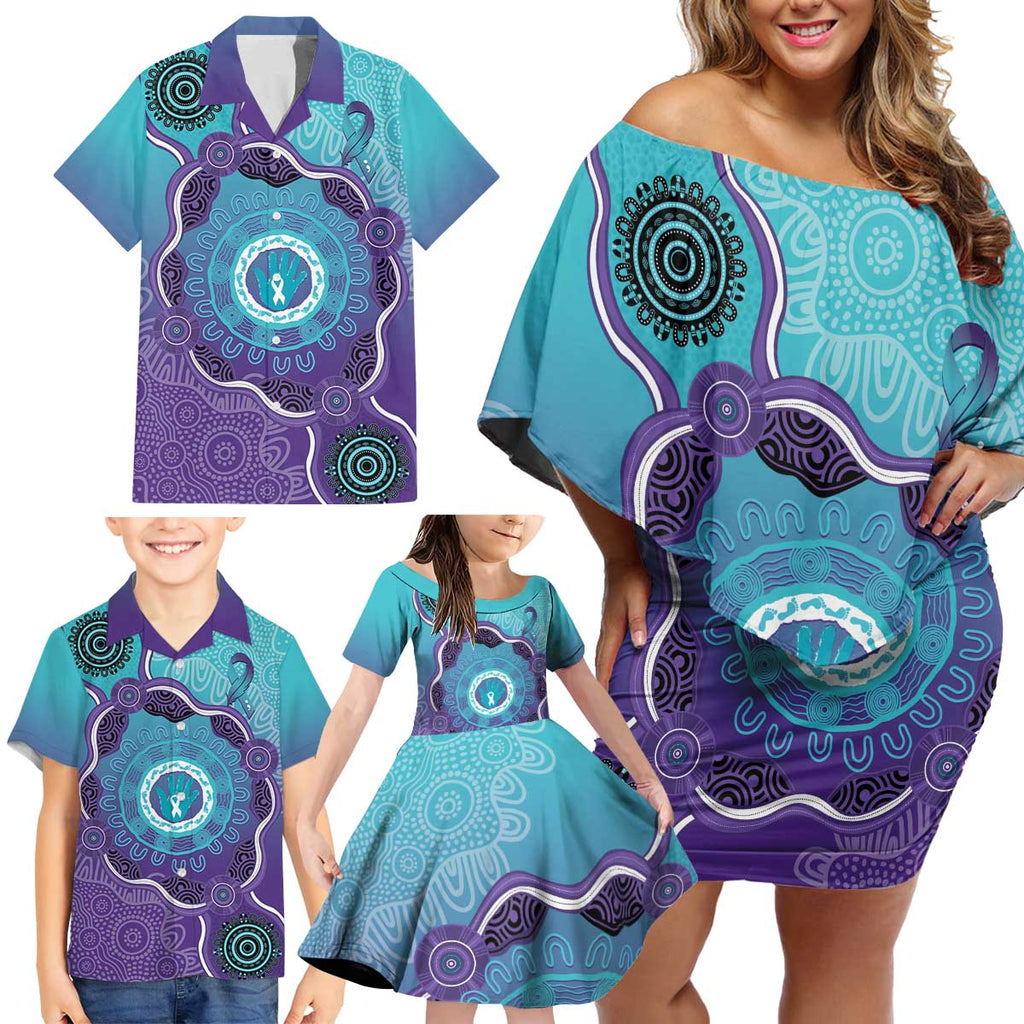 Australia Indigenous Family Matching Off Shoulder Short Dress and Hawaiian Shirt Suicide Prevention Month Ribbon Aboriginal Art