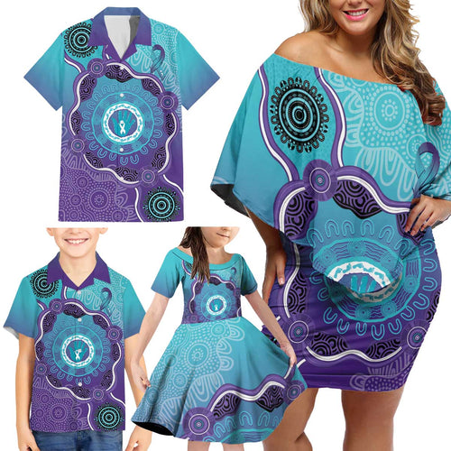 Australia Indigenous Family Matching Off Shoulder Short Dress and Hawaiian Shirt Suicide Prevention Month Ribbon Aboriginal Art