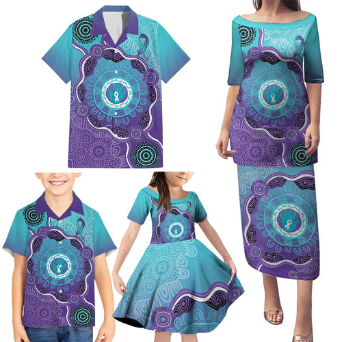 Australia Indigenous Family Matching Puletasi and Hawaiian Shirt Suicide Prevention Month Ribbon Aboriginal Art