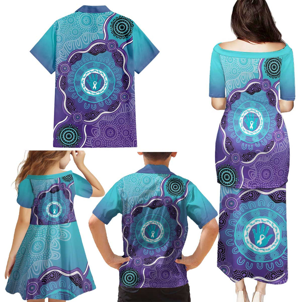 Australia Indigenous Family Matching Puletasi and Hawaiian Shirt Suicide Prevention Month Ribbon Aboriginal Art