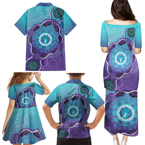 Australia Indigenous Family Matching Puletasi and Hawaiian Shirt Suicide Prevention Month Ribbon Aboriginal Art