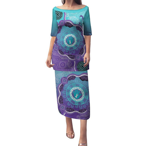 Australia Indigenous Family Matching Puletasi and Hawaiian Shirt Suicide Prevention Month Ribbon Aboriginal Art