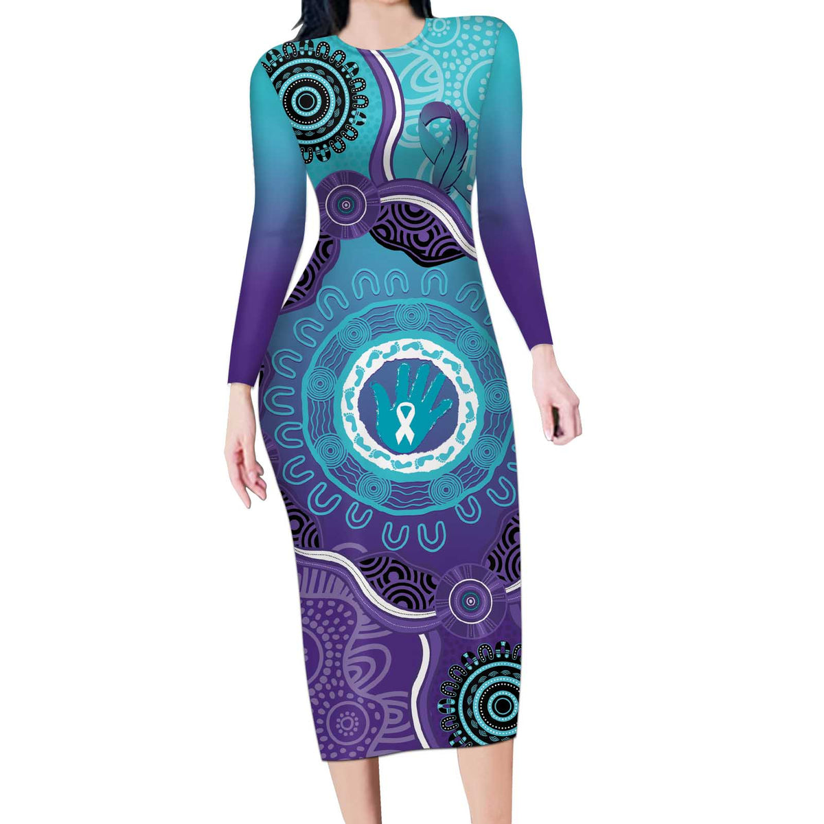 Australia Indigenous Long Sleeve Bodycon Dress Suicide Prevention Month Ribbon Aboriginal Art