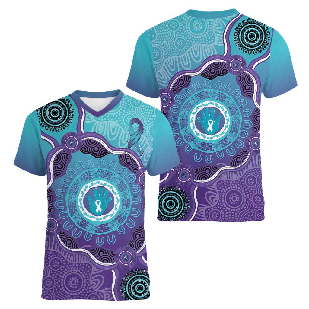 Australia Indigenous Women V-Neck T-Shirt Suicide Prevention Month Ribbon Aboriginal Art