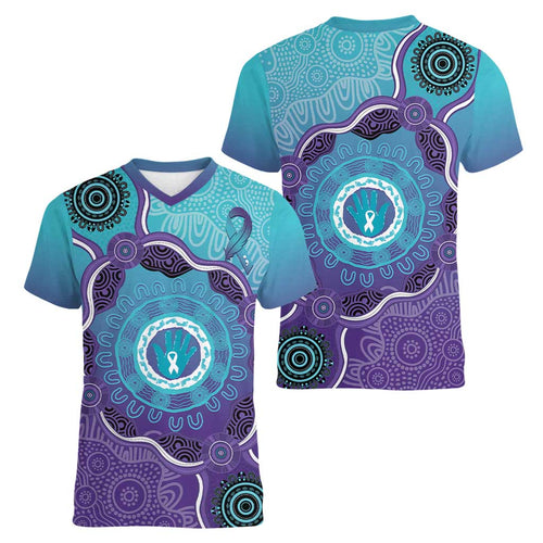 Australia Indigenous Women V-Neck T-Shirt Suicide Prevention Month Ribbon Aboriginal Art